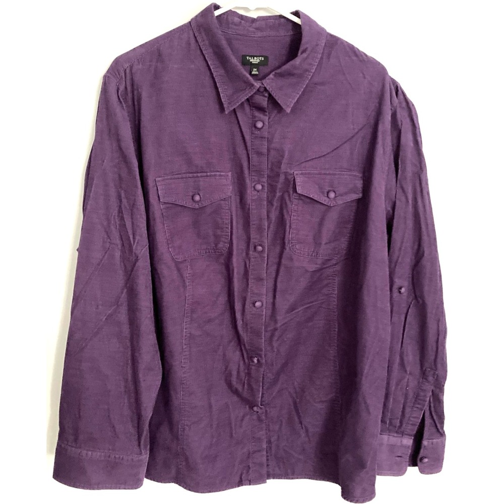 Talbots Shirt Women 2X Purple Corduroy Button Up Collared Long Sleeve Pockets